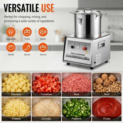 Image of 10L Commercial Stainless Steel Food Processor, 1100W Electric Vegetable Cutter Heavy-Duty Veggie Chopper with S-Shaped Blade for Chopping Vegetable, Fruit, Bread & Meat