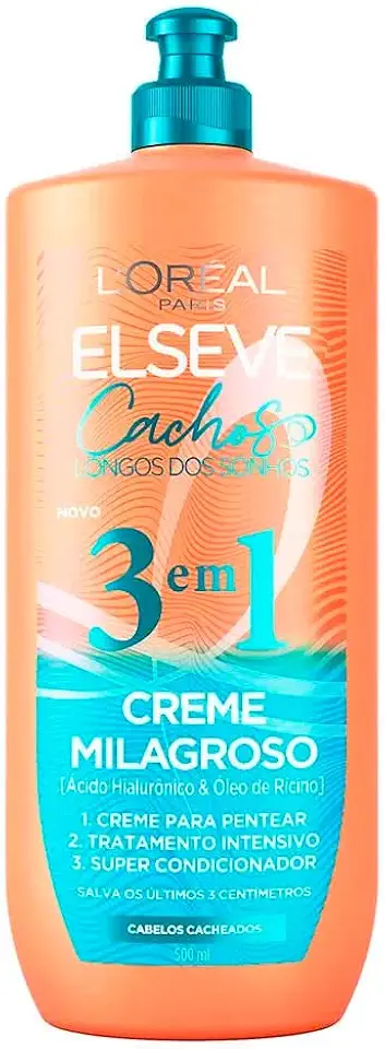 L'Oréal Paris Elseve Creme para Pentear Milagroso 3 Em 1 Cachos Longos Dos Sonhos, com Ácido Hialurônico e Óleo de Rícino, 500ml