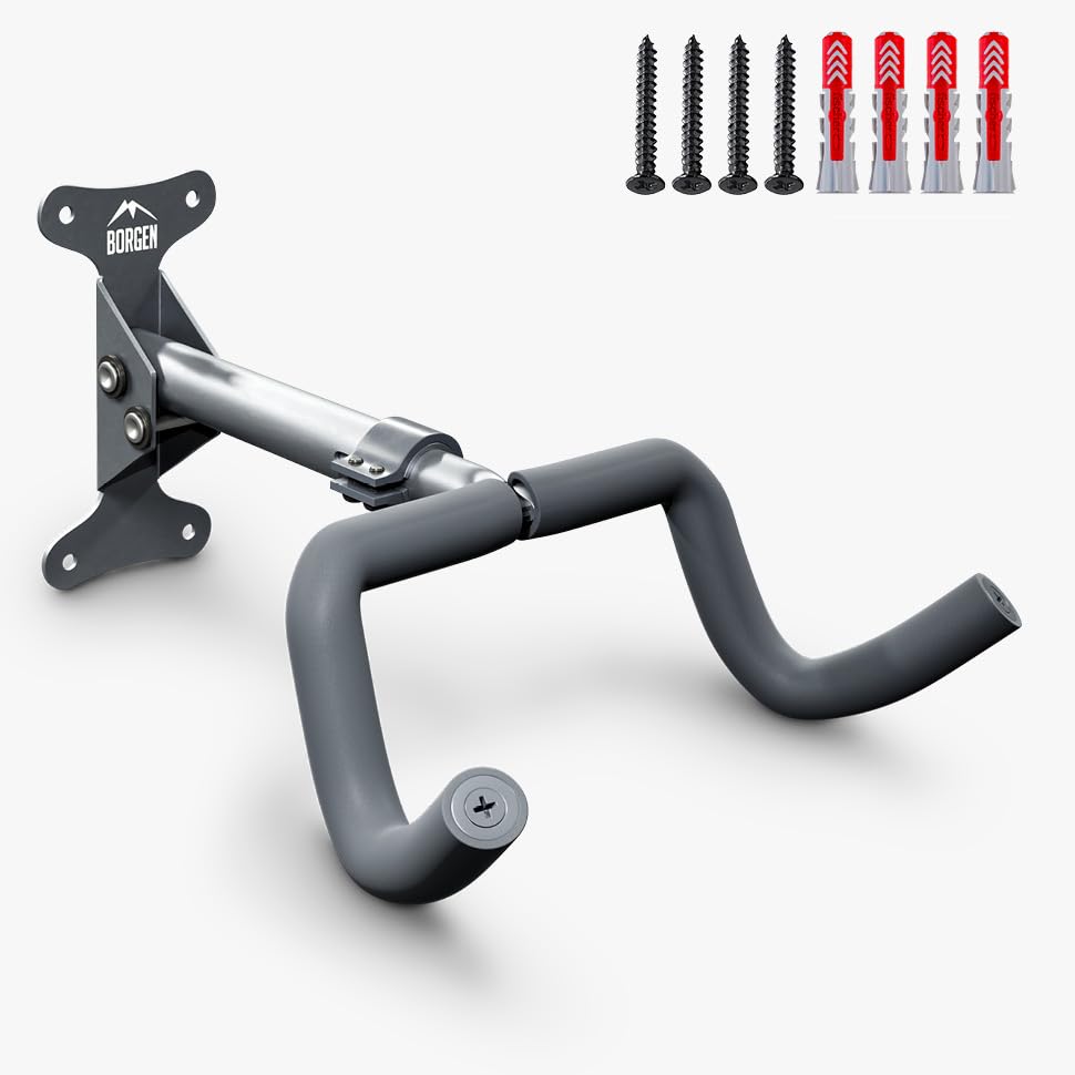 Borgen Soporte Bicicletas de Pared Plegable – Colgador de Pared con Capacidad 20 kg – ángulo y Distancia Ajustables – Acolchado – Soporte de Pared para MTB, bicis de Carretera, e Bike