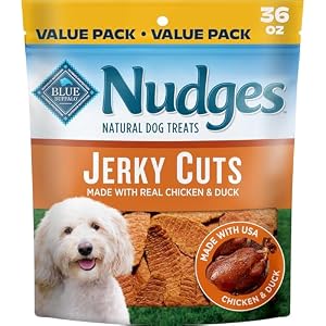 Blue Buffalo Nudges Chicken & Duck Jerky Cuts Natural Dog Treats, Oven-Roasted, Healthy Reward or Training Treat, Made in the USA with Real Chicken & Duck, No Artificial Preservatives, 36 oz.