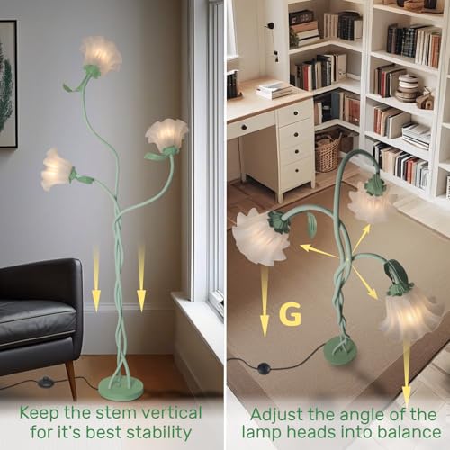 Vintage 3 Heads Flower Floor Lamp for Living Room,3 Color Modes LED Modern Corner Standing Lamp with Goosenecks, Bright Tall Cute Dimmable Lamp for Kids Reading Girls' Bedroom Office Home Decor(Green)
