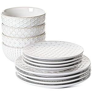 LE TAUCI Dinnerware Sets 12 PCS, Ceramic Plates and Bowls Set, Housewarming Gift (10″ Dinner Plate + 8″ Salad Dish + 26 oz Cereal Bowl) x 4, Oven safe – Arctic White