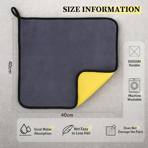 Image of AM Safe-X Microfiber Cloth for Car 500 GSM 40x40 cms 1 Pcs Yellow & Grey Twisted Loop Super Absorbent Towel, Edgeless Design with Plush Pile & Lint Free Cloth for Drying & Detailing
