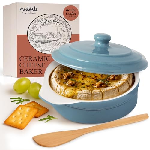 Muldale Ceramic Camembert Baker with Lid and Wooden Spreader - Brie Baking Dish Set for Entertaining - 5.5 Oven Safe Blue