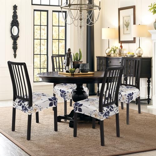 Image of SearchI Stretch Dining Chair Seat Covers Set of 6, Soft Removable Washable Seat Covers for Dining Chairs, Dining Room Seat Cover Protector (Rear-Covered, Blue Flower)