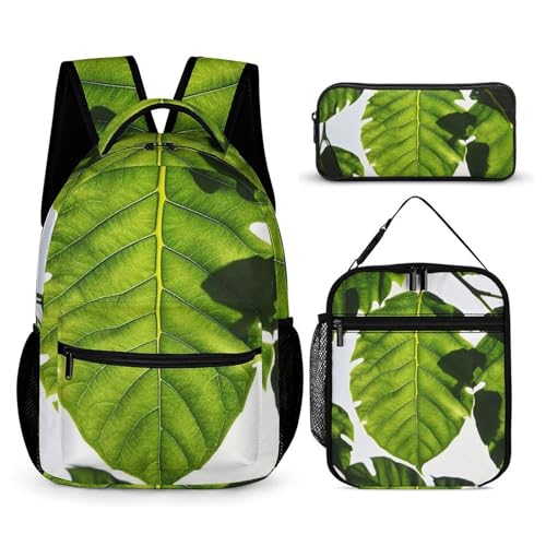 Green Leaves Pattern Backpack Set 3 Piece, Durable Backpack Insulated Lunch Bag Portable Pencil Case for Men Women
