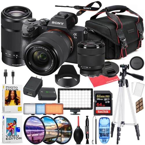 Sony a7 III Mirrorless Camera with 28-70mm & 55-210mm Lens Bundled Kit + Accessory Package with LED Video Light, HD Filters, 64GB Extreme SD, Case, & Editing Software Package (Renewed)