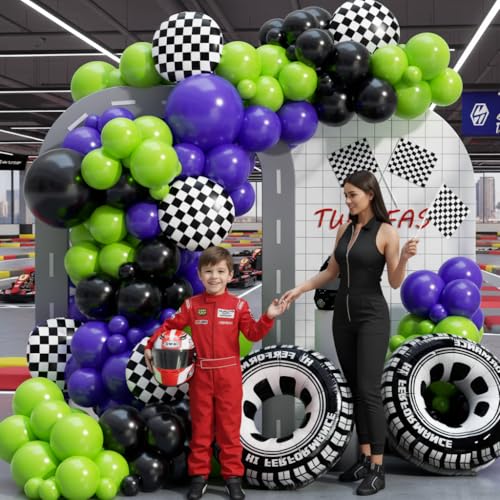 Image of Monster Truck Balloon Arch Garland Kit 156pcs, Green Purple Black Silver Big Wheels Race Car Balloons Arch Kit for Two Fast Theme Boy Birthday Anniversary Monster Truck Party Decorations