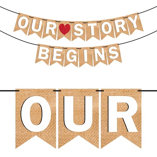 Image of Wobbox Jute Style White Text & Red Heart inchOur Story Begins inch Pre Wedding Bunting Banner, Pre-Wedding Decoration Item