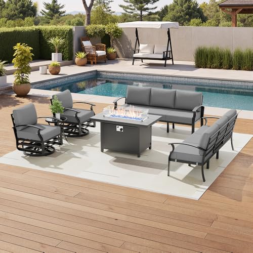 Image of Aluminum Patio Furniture Set with Fire Pit Table, 8 Seats Outdoor Patio Conversation Sets with Swivel Chair Modern Metal Sectional Sofa with Upgrade Cushions for Patio, Backyard - Grey