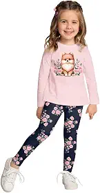 Conjunto Infantil Menina, Blusa Manga Longa Malha Cinza com Estampa de Cachorrinho, Calça Legging Floral Bordô Kyly 754