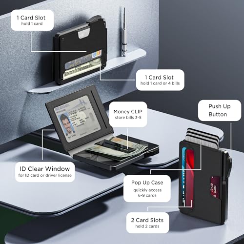 Image of Wallet for Men - Slim Leather Mens Wallet Pop up Card Holder with Money Clip,Credit Card Slots,ID Window - RFID Blocking Minimalist Wallet (Dark Black)