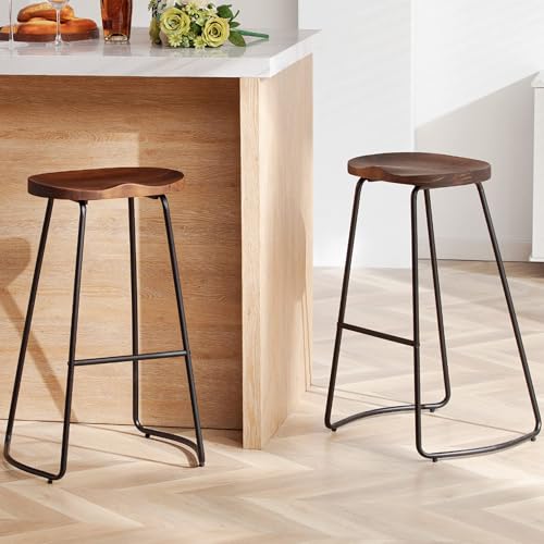 HeuGah Taburetes de bar, juego de 2 taburetes de bar de madera maciza, taburetes de bar de 30 pulgadas de altura con pata de metal, taburetes de bar rústicos sin respaldo para isla de cocina, sillas