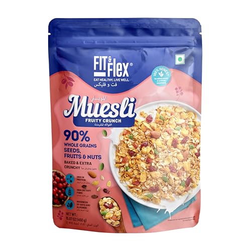 FIT & FLEX Healthy Muesli Fruit and Nuts | Baked & Crunchy | Healthy Cereals Breakfast | High Protein Snacks| Ready to eat Oat Rich Cereal