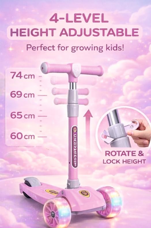 Image of Kids Foldable Kick Scooter with 4 Level Adjustable Height & LED PU Wheels | for Ages 3-14 Years | Rear Brake | 50 kg Weight Capacity | Color Pink
