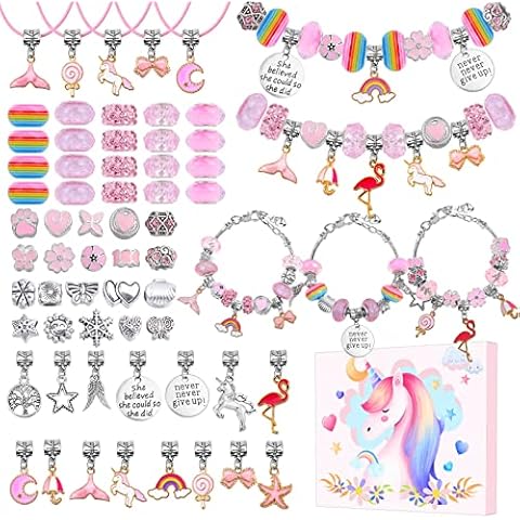 Flasoo DIY Charm Bracelet Making Kit, Jewelry Kit with Unicorn Mermaid Pink Stuff Craft Gifts for Birthday, Christmas, New Year Cover