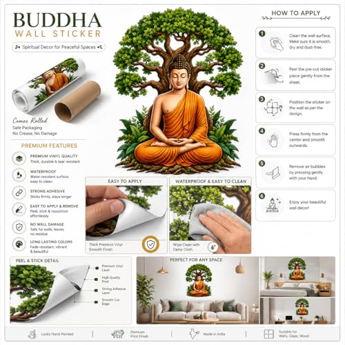 Image of Rangoli Buddha Wall Sticker Self-Adhesive 16 x 20.5 Inch Waterproof Wall Decor for Living Room Bedroom Office Meditation Buddha Tree Wall Decal