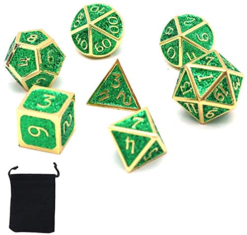 DollaTek 7-delige metalen polyedrale dobbelstenen set met zwarte opbergtas voor rollenspel Dungeons and Dragons D & D-wiskundeonderwijs (glanzend diepgroen)
