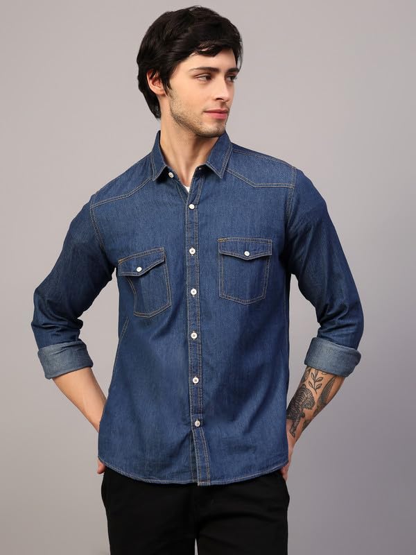Image of Men's Denim Shirt with Regular Fit Solid Pattern Long Sleeve Collared Neck and Button Down Closure|Men Denim Shirt