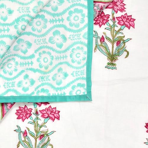 Image of BLOCKS OF INDIA 100% Cotton Dohar King Size Reversible Hand Block Printed Malmal Summer Dohar /Blanket (Turquoise Flower)