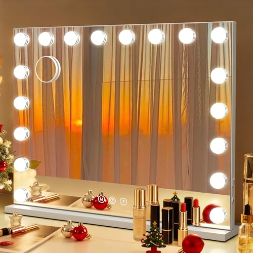 Hollywood Schminkspiegel Spiegel mit Beleuchtung 80×60cm 18 LED-Lampen 3 Lichtmodi 10× Vergrößerung stufenlos dimmbar USB-Ladeanschluss ideal für Schlafzimmer & Kosmetikbereich (18LED-80x60)