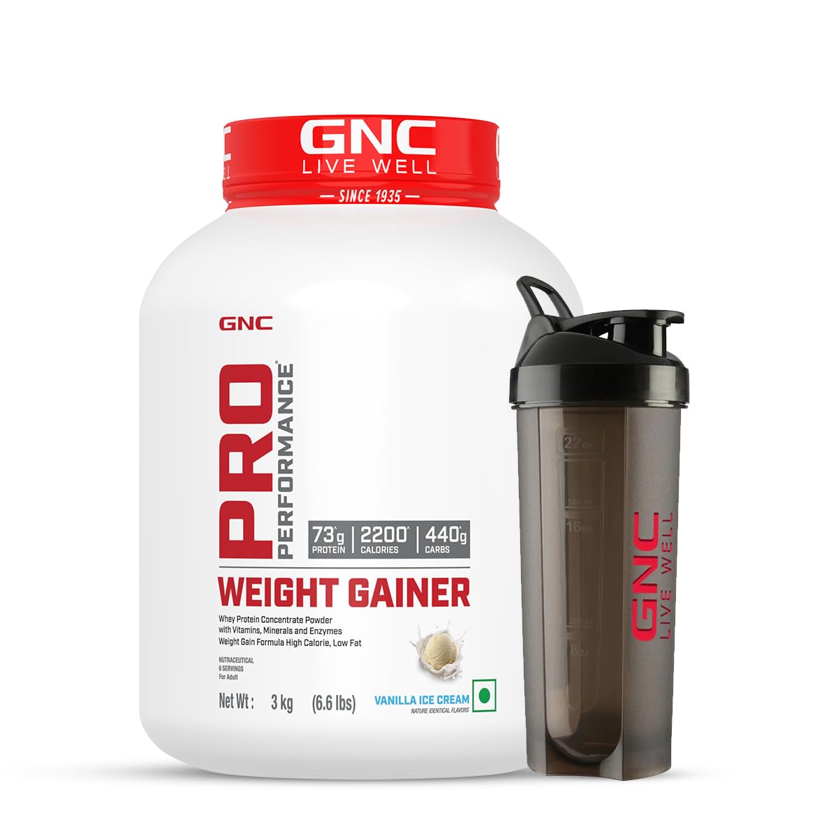 GNC Pro Performance Weight Gainer & Black Shaker (Vanilla Ice Cream, 3 Kg with Shaker)