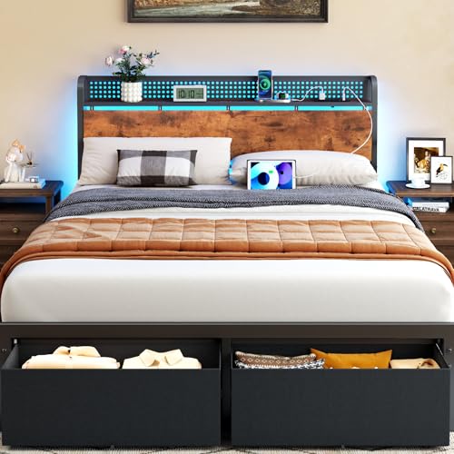 Furnulem Queen Size Bed Frame with Headboard Storage, Platform Bed Frame Queen Size with 2 Drawers...