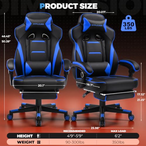 Image of GTPLAYER Gaming Chair with Footrest, 350LBS Big and Tall Office Chair, Ergonomic High Back Lumbar Support and Recliner for Back Pain Relief, Blue