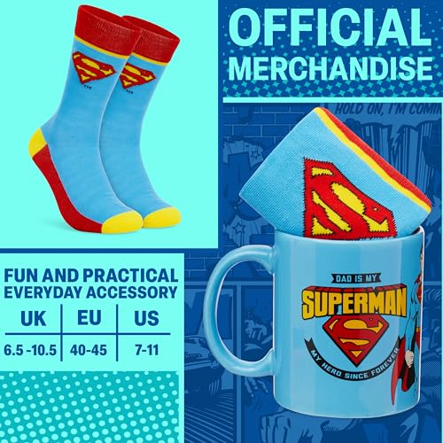 Image of Get Trend DC Comics Superman 11oz Mug and Socks Set, Crew Socks with Ceramic Coffee Mug Microwave Safe, Novelty Gifts for Men, Husband, Boyfriend (Blue /Red Superman)