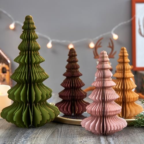 EASY JOY 4 Pcs Christmas Tree Honeycomb Centerpiece Paper Honeycomb 3D Xmas Trees Table Centerpiece Paper Tree Christmas Home Decoration Vintage Christmas Decorations for Home Indoor Xmas Party