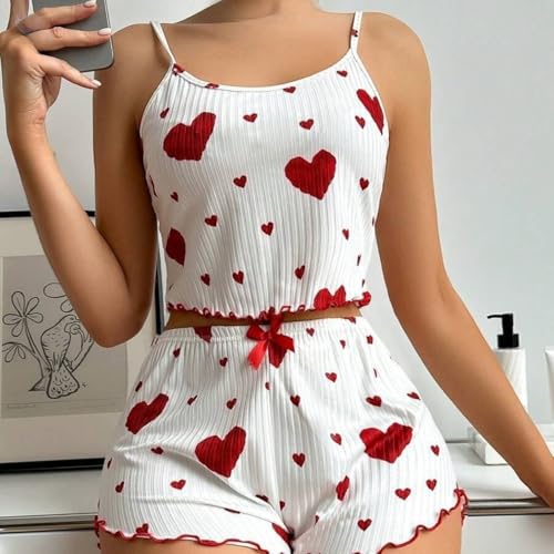 Heart Print Pajamas Loungewear Sleeveless Cutout Shirt Pjs Slim Fit Bowknot Shorts Sleepwear Two Piece Set2