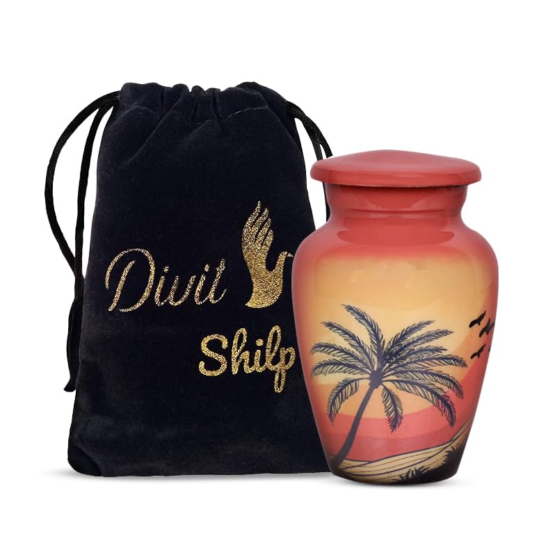 Divit Shilp Small Keepsake Cremation Urn with Velvet Case | Choose from Unique Colors | Lovely Sharing Mini Metal Token for Human Ashes or Pet. (Tropical, Keepsake)