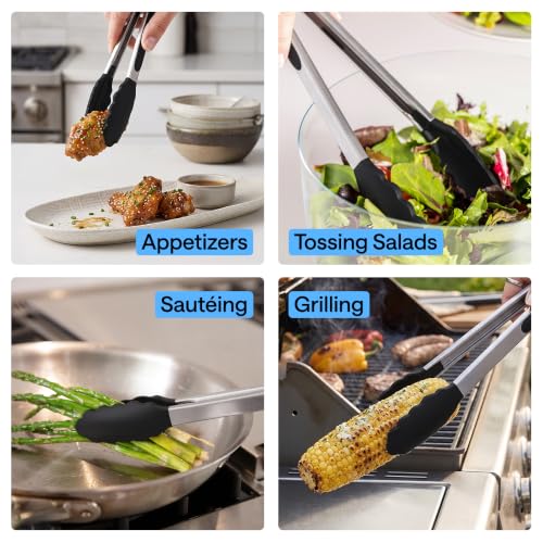 GORILLA GRIP Stainless Steel Heat Resistant Kitchen Tongs for Cooking, Set of 2 BBQ Tong, Non Scratch Silicone Tip for Pans, Strong Grip, Grab Food, Toss Salad, Air Fryer, Pull Lock, 7 + 9 Inch, Black