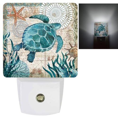Image of Vintage Ocean Turtle Plug-in LED Night Light,Starfish World Map Auto Dusk to Dawn Sensor Nightlights Plug into Wall,White Energy Efficient Night light for Bedroom,Bathroom,Kitchen,Stairs,Hallway