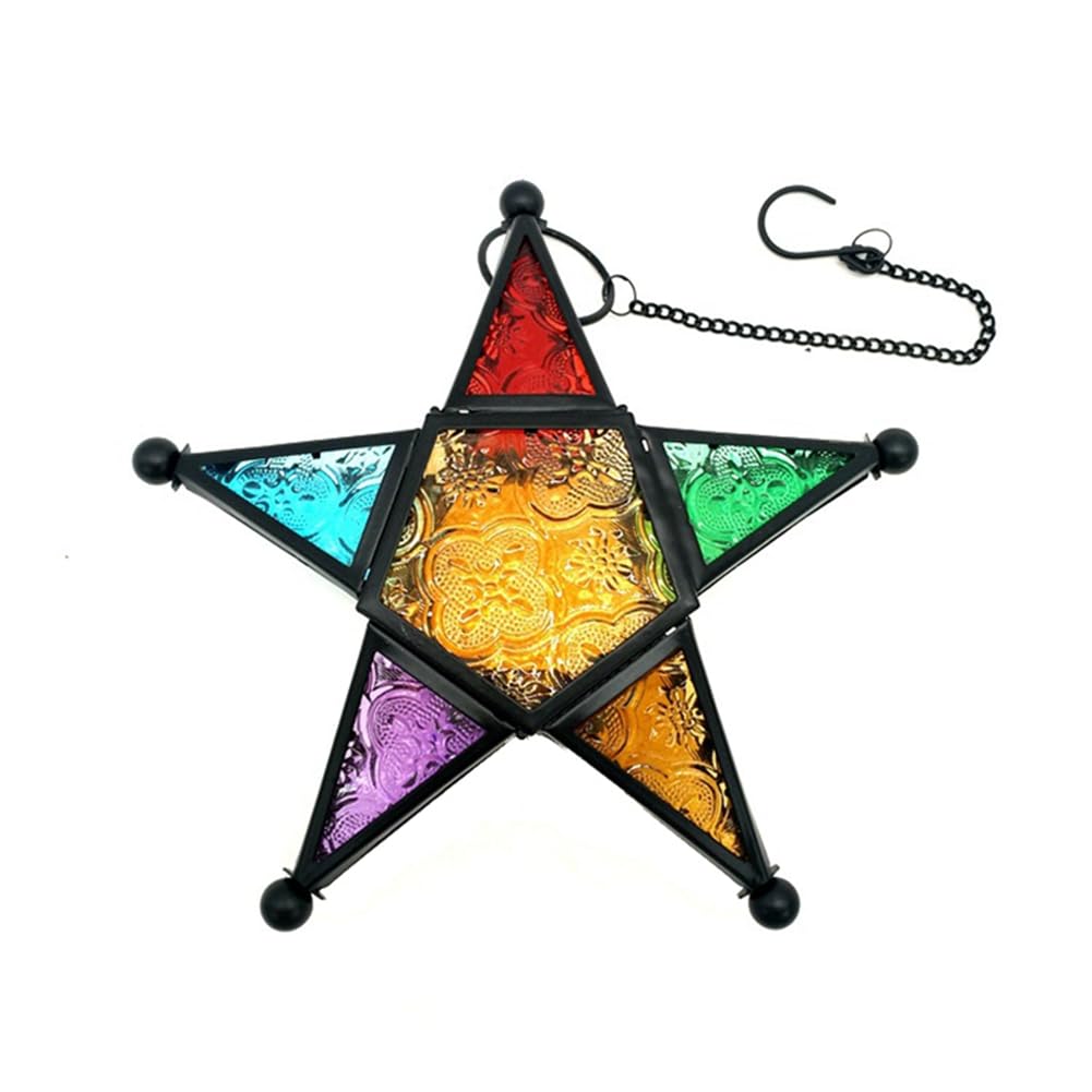 Sunmeit Hanging Candle Lantern,Moroccan Style Glass Five-Pointed Star Shaped Tealight-Holder for Wedding,Garden Yard, Black