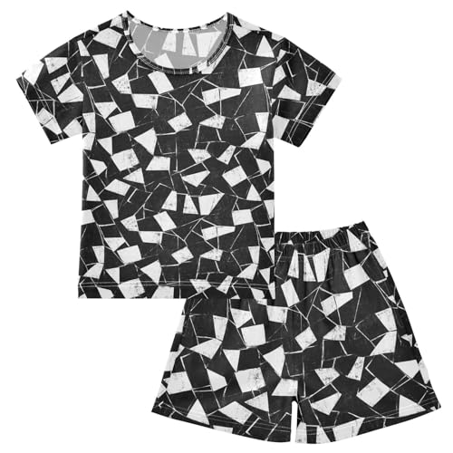 ALAZA Black White Abstract Pajamas Set Short Sleeve Cotton Sleepwear Summer Pjs 2 Piece 5-14Y