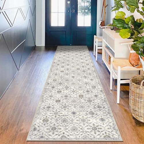 KILOCOCO 2.6x10 Runner Rug, Moroccan Super Soft Washable Hallway Entryway Runner Rug, Accent Print Faux Wool Kitchen Runner 10 Feet Non-Slip Boho Carpet for Laundry Room Bedroom, Cream Beige Grey