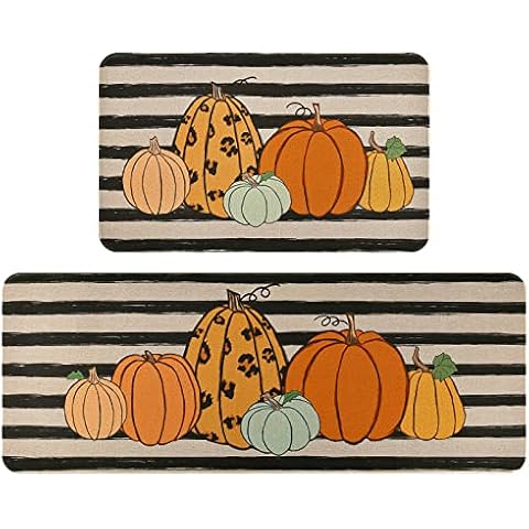 ASPMIZ 2 Pcs Thanksgiving Fall Kitchen Rug, Autumn Pumpkin Area Rug Set of 2 Washable, Non-Slip Black White Striped Door Mat with Anti-Slip Rubber Backing Fall Kitchen Decor 17'' x 47'' + 17'' x 30'' Cover