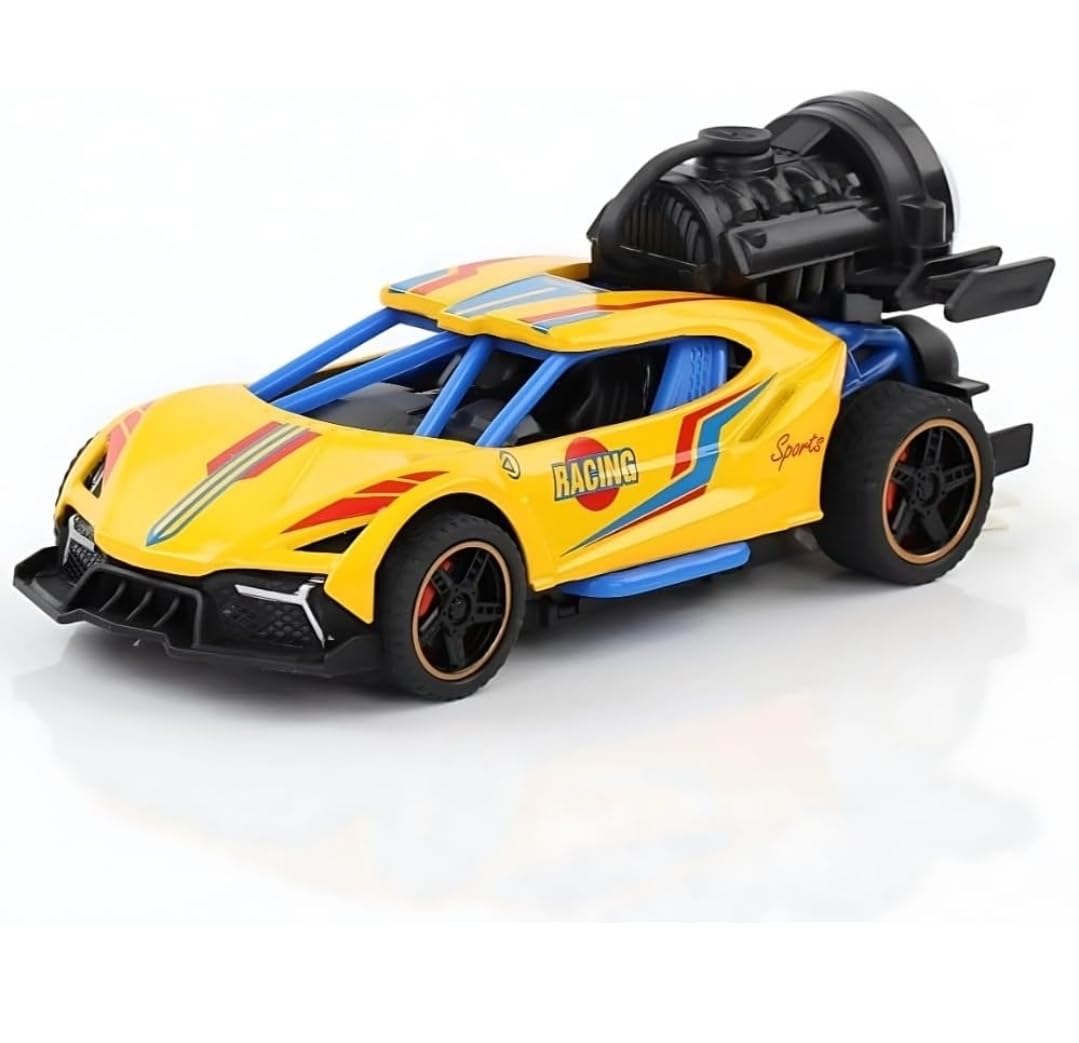 Kidwiz Friction Powered Racing Stunt Car with Music, 360 Rotation Water Mist Smoke & LED Lights, High Speed Push and Go Vehicle for Boys Yellow-image-7