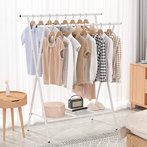 Laiensia Double Rods Clothing Racks For Hanging Clothes,Portable Clothing Hanging Garment Rack With Bottom Oxford Cloth Shelves,White #TOP3