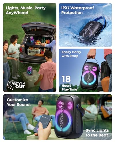 Image of Soundcore Anker Rave Neo 2 Portable Speaker with 80W Stereo Sound,Partycast 2.0,Light Show,Ipx7 Waterproof(Floats On Water) 18H Playtime,Customizable Eq & Bass Up for Party,Backyard-Black,USB