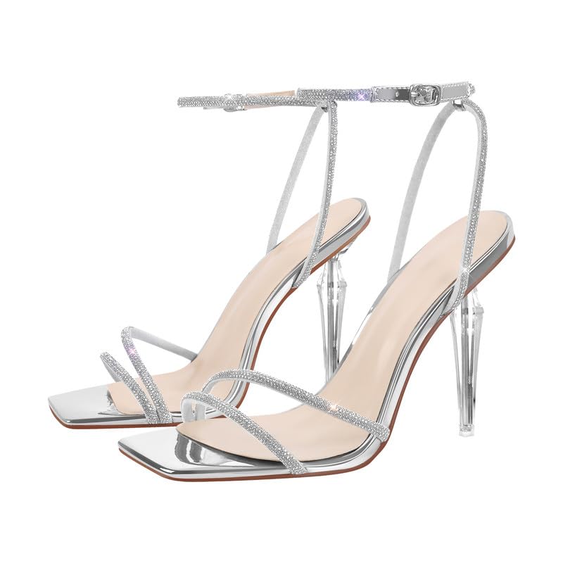 VERISSON Damen Riemchensandalen Slingback High Heels Eckige Sandalen Glitzer Sandaletten Metallic Silber 39 EU