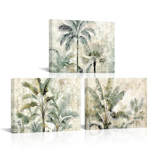 KLVOS 3 Panel Tropical Tree Canvas Art Green Coconut Palm Picture Painting Coastal Abstract Leaf Artwork Canvas Print for Washroom Bedroom Decor