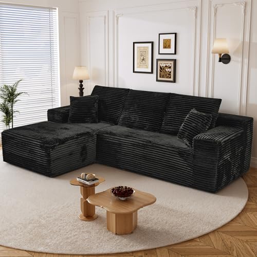 Image of 108 inch L Shaped Boneless Sectional Couches for Living Room, Wide Armrest, Deep Seat, Memory Foam, Assembly Free, Modern Comfy Corduroy Fluffy Cloud Sofa with Left Chaise, Black