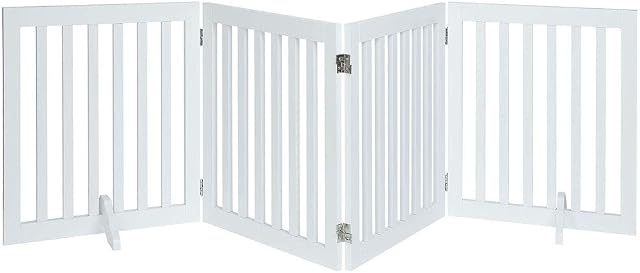unipaws Freestanding Dog Gate, Foldable Pet Fence, Indoor Wood Barrier, Assembly Free Stair Gate with 2PCS Support Feet (61cm H, 4Panels, White)