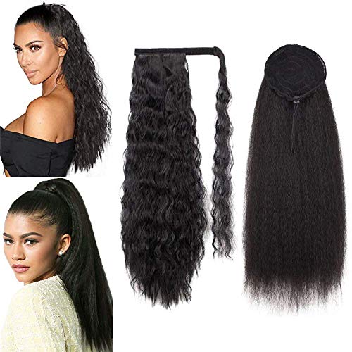YMHPRIDE 2 Pack Long Corn Wave Magic Paste Ponytail Extension and Kinky Srtaight Drawstring Ponytail for Women Yaki Ponytail Hair Extensions Wrap Around Synthetic Ponytail Hairpieces (1B#,24 Inch)