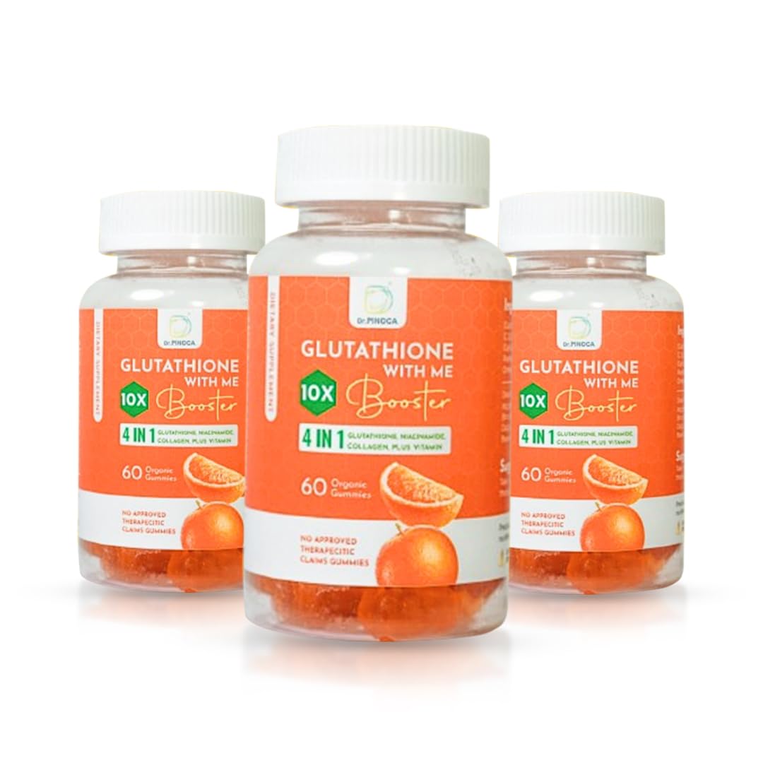 dr diet glutathione 10x Pinoca with ME Booster, 4-in-1 Formula, 60 Gummies, Strength, Orange Flavour (3 Bottles yuzu