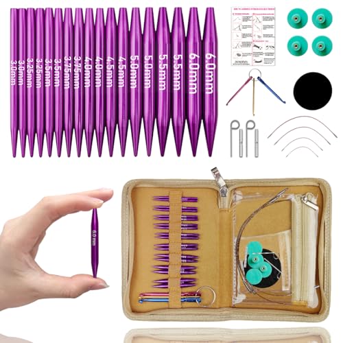 Lewhoo Circular Knitting Needles Set with 4 Cables, 9 Pair Short Aluminum Knitting Needle with Case 3.0~6.0mm