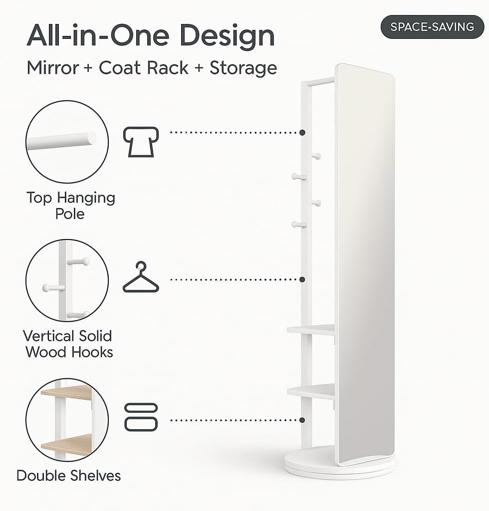 3-in-1 69" Rotating Dressing Mirror with Coat Rack and Shelves – Freestanding Full Length Mirror with Storage for Bedroom Closet Entryway (White)