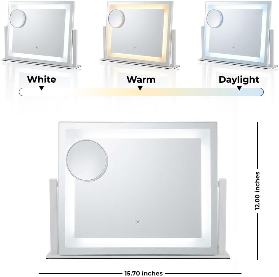 Vanity Mirror with Lights, 12" x 16" Lighted Makeup Mirror with Smart Touch Control, LED Makeup Mirror with 3 Color Lighting Modes, 10X Magnification, 360° Rotation for Tabletop - White
